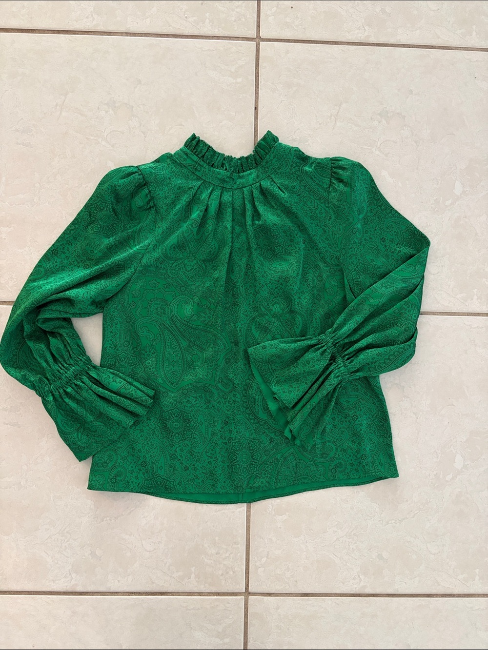 Alice + Olivia Emerald Paisley Mock-Neck Blouse with Ruffled Cuffs